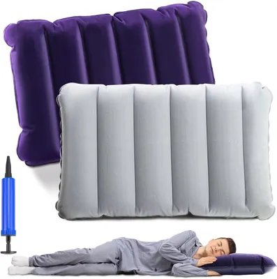Produktbild von Aufblasbares Reisekissen, Velours, Blau, 2 aufblasbare Kissen, für Camping und Auto