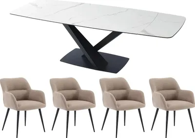 Produktbild von Set Tisch MALATA + 4 Stühle HEKA - Marmor-Optik - Weiß & Beige