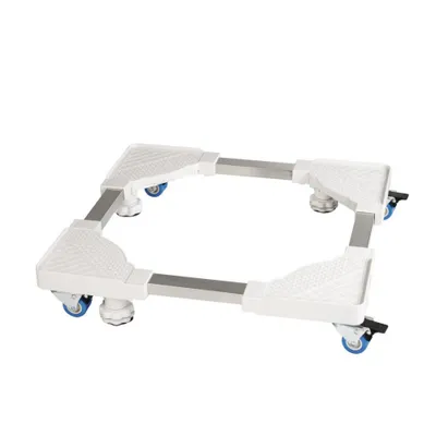 A white adjustable transport roller for appliances like washing machines, dryers, or refrigerators, shown against a white background.