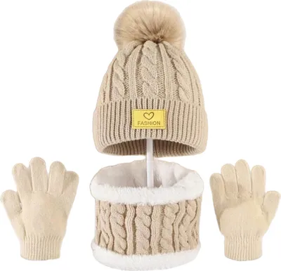 Produktbild von 3-teiliges Winterset für Kinder: Mütze, Schal, Handschuhe, Plüschbommel-Dekor, gedrehte Textur, randlose Mütze, Strickhandschuhe mit Fleecefutter, Halswärmer