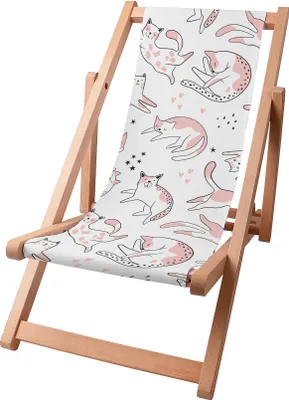 A wooden deck chair with a fabric seat featuring a pattern of pink and white cats.