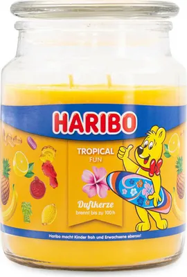 Zdjęcie produktu dla Świeca zapachowa Haribo Tropical Fun, świeca w słoiku, zapach owoców tropikalnych, czas palenia do 100 h, 510 g
