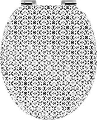 A toilet seat with a black and white patterned design.