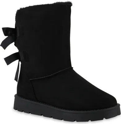 A black winter boot with bows on the back.