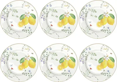 Produktbild von 6er Set Kuchenteller FLEURS ET CITRONS Zitronen D. 19cm aus Porzellan Easy Life