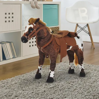 Produktbild von Reitpferd Spielpferd zum Reiten Stehpferd mit Sattel, Sound, Steigbügel Plüschpferd für Kinder ab 2 Jahren, Plüsch, Metall, 85 x 28 x 60 cm, Weiß
