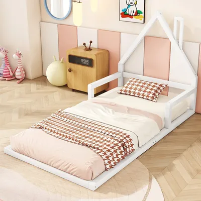 Produktbild von STILVORA Kinderbett 90×200 Jugendbett mit Lattenrost Bodenbett Flachbett Hausformbett,Mit Kaminform(Ohne Matratze), Weiß
