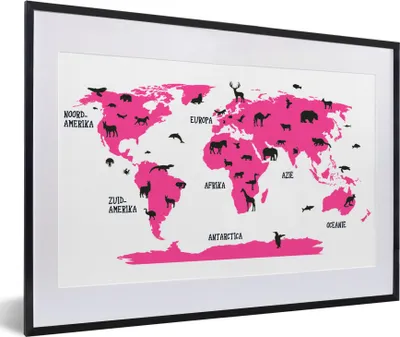 Produktbild von MuchoWow® MuchoWow® Gerahmtes Poster Weltkarte Kinder - Rosa - Tiere 60x40 cm - Poster mit zchwarzem Bilderrahmen - Schlafzimmer - Plakat in Rahmen - Drucken