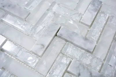 Produktbild von Handmuster Mosaikfliese Transluzent weiß Fischgrät Glasmosaik Crystal Stein weiß MOS87HB-0111_m
