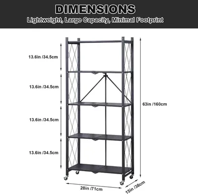 Image de Étagère de rangement pliante sur roulettes - 5 niveaux - Robuste - Acier - Capacité de charge : 300 kg - Noir