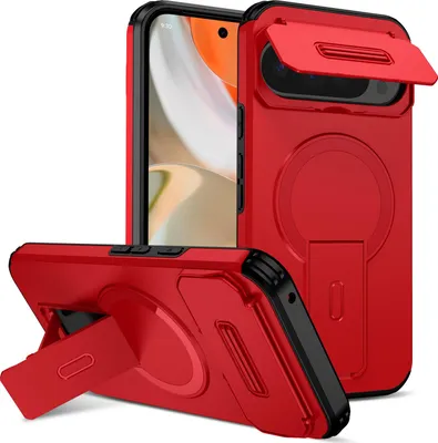Produktbild von Magnetisch Hülle für Google Pixel 9 Pro XL/Pixel 10 Pro XL, Dual Layer Stoßfest Handyhülle mit Dia Kameraschutz, Verstellbarem Ständer Rot