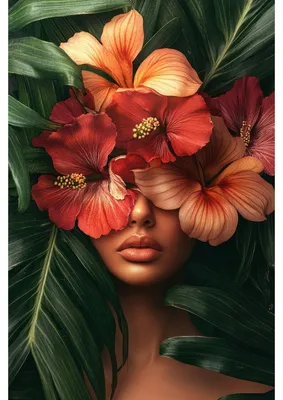 Image de Tableau sur toile portrait femme florale abstraite 45x65 cm, Tableau mural moderne pour décoration intérieure