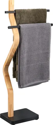 Image de eluno Porte-serviettes sur pied indépendant, 2 barres, porte-serviettes en bois  et métal noir