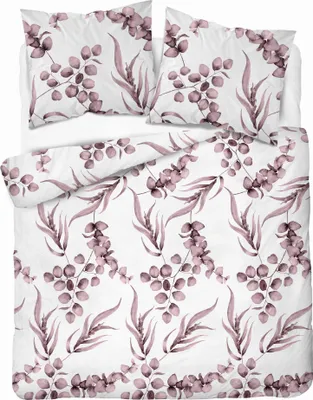 A bedding set with a floral and leaf pattern.
