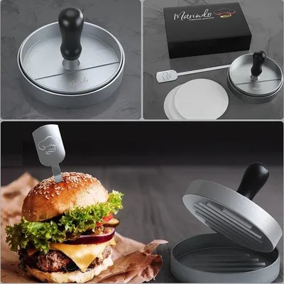 Produktbild von Famanu Burgerpresse Aluminium - Durchmesser 12 cm, inklusive 4 Spießen und 60 Blättern Backpapier