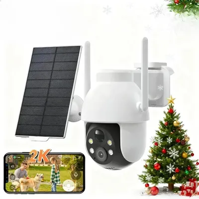Image de 2K 3MP caméra de surveillance extérieure solaire, 360 ° caméra PTZ extérieur batterie, 2.4GHz sans fil avec détecteur de mouvement PIR,vision nocturne couleur, audio 2 voies, IP65
