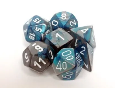 Immagine prodotto di Chessex - Gemini - Set da 7 dadi - Acciaio-verde acqua/Bianco