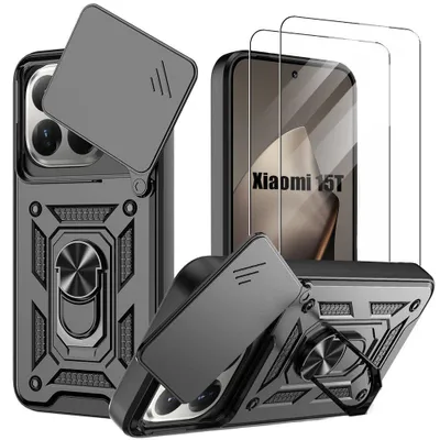 Image de Coque + 2 Verres Trempés pour Xiaomi 15T - Rigide Antichoc avec Anneau et Protection Objectif Coulissante - Noir