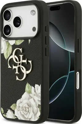 A black phone case with a floral pattern and the Guess logo is shown.