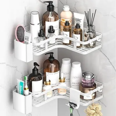 Produktbild von Eckregal für die Dusche ohne Bohren, 2 Stück, Badezimmer Organizer mit 4 Haken