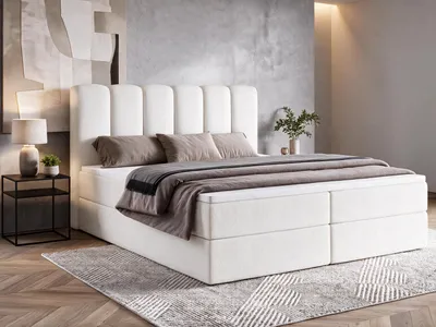 Produktbild von Boxspringbett NOLARO 160x200 cm Komplett-Set mit Bettkasten, Bonell-Matratze und Topper, Bouclé Weiß