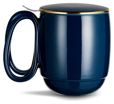 Produktbild von Teetasse mit Deckel und Sieb, 480 ml, gewundener Griff, marineblaues Porzellan mit Goldrand