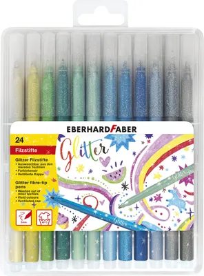 A clear plastic box containing 24 glitter fiber-tip pens in various colors, with a colorful label featuring the brand name and product details.