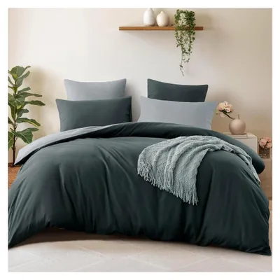 Produktbild von Bettwäsche 220x240 3-teilig Anthrazit Grau - Set mit 1 Bettbezug 220x240 cm und 2 Kissenbezügen 80x80 cm,  Wendebettwäsche aus Mikrofaser mit Reißverschluss