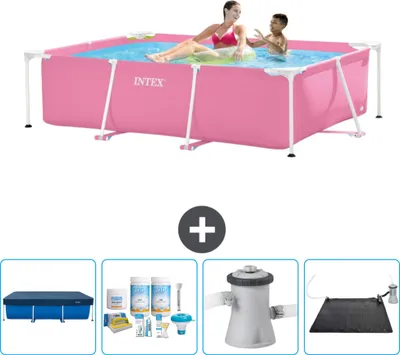 Produktbild von Intex-Schwimmbecken mit rechteckigem Rahmen – 220 x 150 x 60 cm – Rosa – im Lieferumfang enthalten Abdeckung - Wartungspaket - Filterpumpe für Schwimmbad - Solarmatte