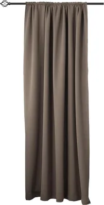 A single taupe curtain hanging from a curtain rod against a white background.