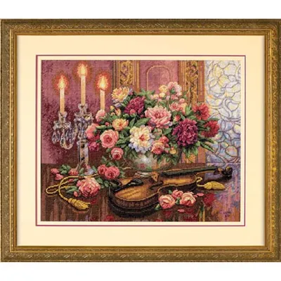 Imagen del producto de Kit completo para bordado de punto de cruz con motivos florales, estilo romántico, sin marco
