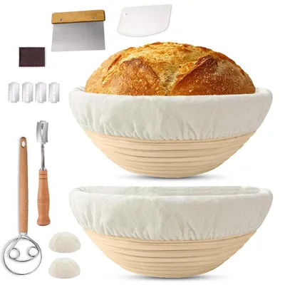 Image de Kit de paniers de fermentation 2 paniers de fermentation ronds 23 cm Moule à pain avec housses en tissu Spatule à pâte Grattoir Cutter Brosse courte Grattoir Panier de fermentation idéal