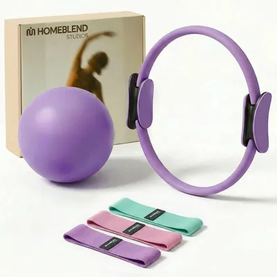 Produktbild von Homeblend Pilates Set 5-teilig – Lila – Pilates Ring, Pilates Ball & 3 Widerstandsbänder (Booty Bands) – Fitness Set für Home Workout & Core Training