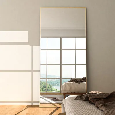 Image de Miroir mural complet, dimensions 165 x 60 cm, en alliage d'aluminium doré, à suspendre ou à poser