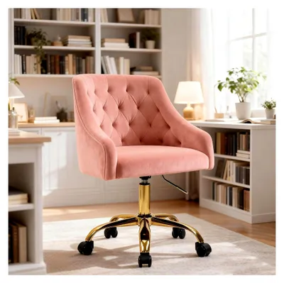 Produktbild von Ergonomischer Bürostuhl aus Samt, höhenverstellbar, Drehstuhl mit Rollen und goldenen Beinen, moderner Schminktischstuhl für das Arbeitszimmer (Rosa)