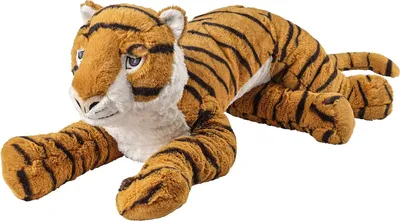 A plush tiger toy lying down on a white background.