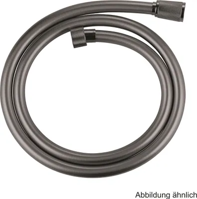 A gray shower hose coiled on a white background.