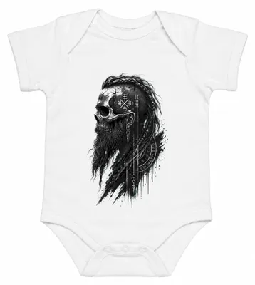 Imagen del producto de Body para bebé, color blanco, diseño "Vikingos: Cráneo, barba, runas, guerreros nórdicos, Valhalla, Odin", talla 0/3 meses