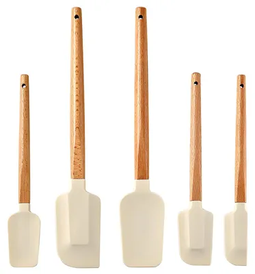Produktbild von 5-teiliges Silikonspatel-Set, kleine Teigschaber mit Holzgriffen, schmal, BPA-frei, weiß