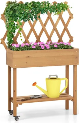 Produktbild von Hochbeet auf Rollen mit Ablage & Spalier & Stoffauskleidung Blumenbeet 90 x 29 x 129 cm