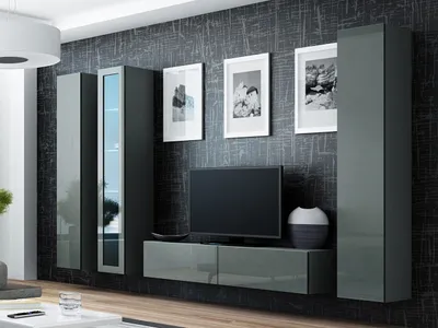 Immagine prodotto di Parete attrezzata per soggiorno con illuminazione a LED bianca ASHTON 15 - grigio / grigio lucido