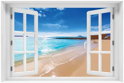 Produktbild von Wallario Premium Glasbild mit Fensterrahmen, freischwebende Optik, kräftige Farben, Größe 60 x 90 cm Motiv Traumstrand unter blauem Himmel