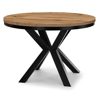 A round dining table with a wooden top and black metal legs.