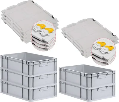 Produktbild von SuperSparSet 5x Eurobox NextGen Grip mit Scharnierdeckel und gelben Schiebeschnappverschlüssen | HxBxT 17x40x60cm | 34 Liter | Grau | Griffe geschlossen | Glatter Boden | Eurobehälter, Transportbox, Transportbehälter, Stapelbehälter