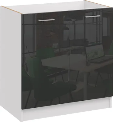 A white cabinet with two black, glossy doors, reflecting an office or meeting room scene.