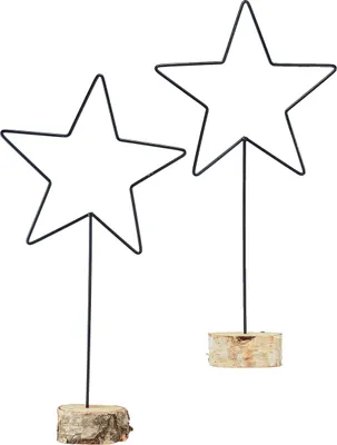 Two wire star decorations on wooden bases.