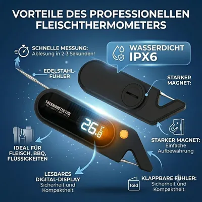 Obrázek produktu pro Digitální teploměr na maso se skládací sondou, rychlé měření (1 sekunda), vodotěsný (IPX6), magnetický vpichovací teploměr pro grilování, vaření, přípravu masa a pečení