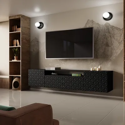 Produktbild von Moderner, hängender TV-Schrank CALL 200 cm mit geriffelten Fronten, Farbe: Schwarz