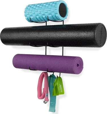 Productafbeelding van Famanu wandhouder voor yogamat met 3 haken en 3 metalen plateaus - zwart