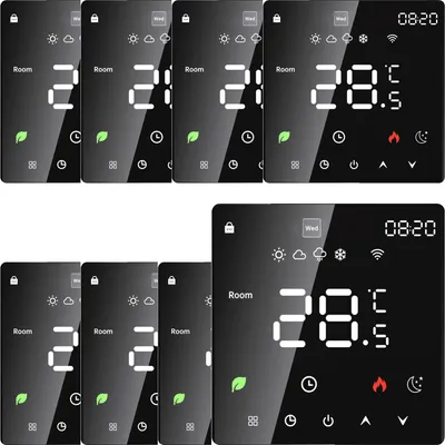A collage of digital thermostats displaying room temperature and other information.